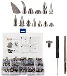 Bright Creations 150-Piece Gunmetal Gray Spikes and Studs Set, 13 Assorted Shapes with Screws, Phillips Screwdriver, Hole Punch Tool, and Plastic Storage Case for Crafts and Clothing Decorations