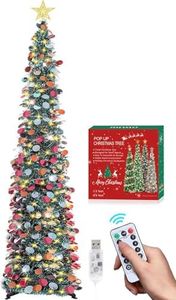 HMASYO 6 FT Pop Up Christmas Tree with 100 LED Lights & Remote, Green Christmas Tinsel Tree, Collapsible Artificial Pencil Tree for Home Office Party Decor, USB Powered Timer Lights, Easy Assembly