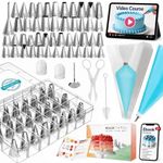 RFAQK 74PCs Icing Piping Bags and Tips Set, Cake Decorating Kit with 48-Numbered Piping Tips, 12inch Anti Burst Pastry Bags, Booklet, E-book & Complete Video Course for Cookie Cupcake Cake Decoration