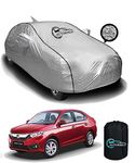 AUTOBIRSA Waterproof Car Body Cover for Honda Amaze with Mirror and Antenna Pocket and Soft Cotton Lining (4 Side Elastic Triple Stitched & Metallic Silver with Black Piping Style)