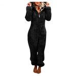 Womens Cute Sherpa Romper Fleece Onesie Pajama Fluffy Hooded Jumpsuits Sleepwear Plus Size Winter Warm Pajamas Homewear(Black,5X-Large)