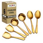 AXIOM Stainless Steel Golden Serving Tools Set. 6 Piece Heavy Gauge Kitchen Utensil Set of 2 Soup Ladle (Karchi), 2 Solid Spoon (Chamcha) & 2 Rice Spoon for Serving Soup/Curry/dal/Rice/Pasta