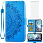 Asuwish Compatible with LG Q70 Wallet Case and Tempered Glass Screen Protector Credit Card Holder Flip Purse Accessories Wrist Strap Cell Phone Cover for LGQ70 Q730 Q 70 LGQ70phone Women Men Blue