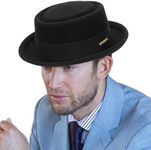 Classic 1920s Pure-Wool Roll-Brim Pork- Pie Fedora-Hat Men Women - Crushable Short-Brim Church Hat Boater-Hat, Black, Medium