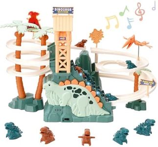 Dinosaur Chasing Race Track Game Set Double Loop Track Slide Toy Climb Stairs Toy Roller Coaster Toys with Music Educational Puzzle Playsets Gift for Toddler Kids Boys Girls Age 3+
