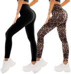 SINOPHANT Pack of 2 Women's High Waist Sports Leggings Elastic Yoga Pants Opaque Fitness Gym Yoga, #2 Pack Black/Leopard, L/XL