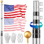 VEVOR 30FT Telescopic Flagpole Kit, Heavy Duty Aluminum Alloy Flag Pole Kit in Ground for Outside, 3 Display Modes Flagpole with Professional Accessories, Silver