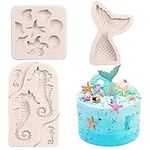 SAKOLLA Mermaid Theme Cake Fondant Mold - Seahorse Seashell Starfish Mermaid Tail Silicone Mold for Under The Sea Cake Decoration, Chocolate, Candy, Polymer Clay, Cupcake Decor, Sugar Craft, etc.