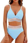 BMJL Women's High Waisted Bikini Sets V Neck Two Piece Swimsuit Color Block Twist Front Bathing Suits(L,Sky Blue)