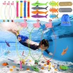 Macocheezee Diving Toys,34 Pcs Pool Toys Bulk with Swim Thru Rings for Kids Age 3-12,Underwater Training Diving Fish Rings,Diving Gem,Diving Seaweed,Pool Torpedo, Packing Bag Included