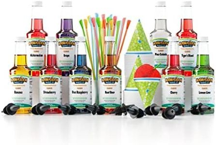 Hawaiian Shaved Ice Syrup Assortment with 10 - 16oz Bottles, 50 Snow Cone Cups, 50 Spoon Straws, and 10 Pouring Spouts. Flavors include: Tiger’s Blood, Pina Colada, Blue Raspberry, Cherry, Lemon-Lime