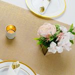 PapaKit Sparkle Metallic Gold Stripes Faux Burlap No-Iron Table Runner 13.5" x 36ft (12 Yard) for Holidays, Wedding Decoration, Parties and Everyday Décor