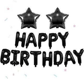 Black Happy Birthday Balloons Banner, 16 Inch Mylar Foil Letters with 2Pcs 18inch Star Foil Balloons for Men Adults Birthday Party Decorations