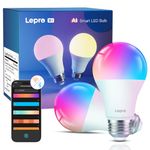 Lepro B1 AI Smart Bulbs, Colour Changing Light Bulb, Work with Alexa and Google Assistant, WiFi & Bluetooth LED Light Bulbs, RGBWW Dimmable, Music Sync, Via Lepro+ App, LLM, A19 E26 800 Lumen, 2 Packs