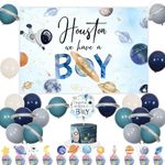 kreat4joy Outer Space Baby Shower Decorations for Boy, Houston We Have a Boy Baby Shower Decorations Backdrop Cake Topper, Blue Space Galaxy Astronaut Silver Moon Foil Balloons for Sky Planet Party