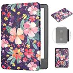 MOKASE for 6" Kindle Paperwhite 5/6/7th Generation Case 2012,2013,2015,2016 Version (Model: EY21 / DP75SDI), Slim PU Leather Hard Cover with Hand Strap for Kindle Paperwhite 6 inch, Purple Flowers