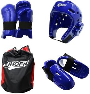JHOFIF Martial Arts Karate Protective Sparring Gear Package Deal/Gift Adjustable Adults & Kids Headgear, UZJ Gloves & Kicks for MMA, Taekwondo, Boxing Training (Blue, Large)