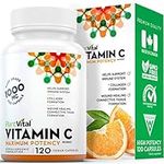 PlantVital Vitamin C 1000mg MAXIMUM STRENGTH. 120 Vegan Capsules Canadian Made, Vit C Supplements helps support immune system, collagen & connective tissue formation, maintenance of bones, teeth & gums (1 Bottle)