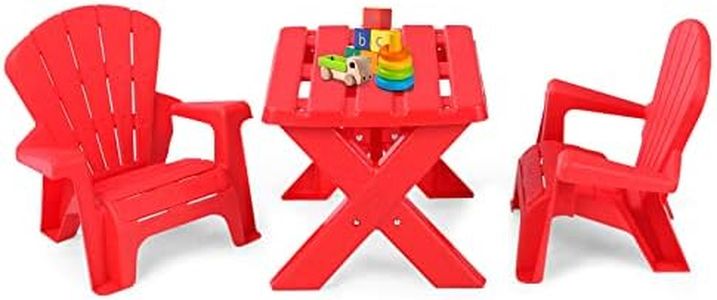 DREAMADE Ensemble Table et Chaises d'Extérieur Enfants,Table de Jeu Tout-Petits avec 2 Fauteuil Adirondack,Design Empilable,Meubles Enfants 50x41x38CM pour Plage,Jardin,Pelouse,Charge 30KG (Rouge)