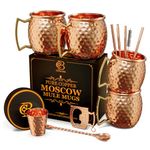 Moscow Mule Copper Mugs | Set of 4 Hammered Cups | 100% Handcrafted Pure Solid Copper | Gift Set with Cocktail Straws | Shot Glass | Coasters | Copper Stirrer & Beer Opener by Copper-Bar