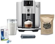 Jura E6 Automatic, Affordable Espresso Machine with Programmable Coffee Strength (Platinum) Bundle with Smart Filter Cartridge, Cleaning Tablets, Coffee Beans Bag, and Glass Milk Container (5 Items)