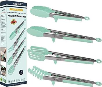 Aschef 4pcs Stainless Steel Food Tongs Kit with Silicone Tips, BPA Free, Smart Locking Clip, Green, Dishwasher Safe, Oven Safe, for Cooking, BBQ, Salad, Pasta, Spatula, 4 sizes