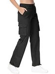 JHMORP Women's Hiking Cargo Pants Lightweight Quick Dry Wide Leg Cotton Travel Work Pants with Pockets (Black,CA L)