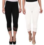 ESPRESSO Women Viscose/Spandex 3/4th Capri Pant with Bottom Lace-Halfwhite/Black (Pack of 2) - L