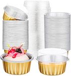 200 Pack Aluminum Foil Cupcake Baking Cups 5oz Cupcake Liners Dessert Cups with Lids Disposable Cupcake Cups Mini Cake Containers Flan Molds Tin Mini Muffin Liners for Wedding (Gold)