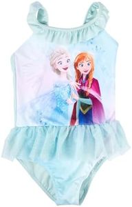 Disney Frozen - Bañador para niña con volantes, diseño de Elsa y Anna Frozen, color turquesa, turquesa, 122 cm-128 cm
