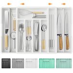 KreuRaxy Expandable Silverware Cutlery Utensil Organizer Tray for Kitchen Drawers, 13 to 22.8 Inch Adjustable Design with 2 Divider, Large Flatware Tableware Tray for Spoon Spatula Forks Knives, White