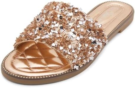 Shoe Land Joli Womens Flat Sandals Fashion Sparkly Slides Black Gold Silver Flat Sandals Open Toe Rhinestone Slippers Glitter Bling Casual Sandal for Summer Daily Party, Rosegoldsq, 7.5