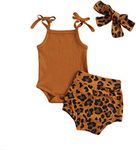 Kuriozud Newborn Infant Baby Girl 2 Piece Summer Outfits Tank Bodysuit Top + Ruffle Bloomer Shorts Set Clothes (Leopard Brown, 0-3 Months)