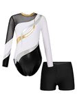 CHICTRY Kids Girls Sparkly Rhinestones Long Sleeve Gymnastics Dance Leotard Bodysuit Biketard Top with Shorts Set Swimwear White 9-10 Years