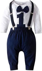 Chennie Bébé garçon 1er Anniversaire Tenues Noeud Papillon Barboteuse jarretelle Pantalon Gentleman Ensemble de vêtements pour la Photographie Photo (Bleu Marin, 9-12 Mois)