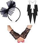 Womens Lace Headband Neon Earrings Fingerless Gloves for 80's Party Pop Diva Costume Accessories (Gloves Headband Set Black)