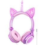 sunvito Kids Headphones, with LED Light up Unicorn & Cat Ears, 85dB Volume Limit, Foldable 3.5mm Wired On-Ear Headsets for Girls, Ideal Headphones for Children-Light Purple