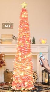 HMASYO 6 FT Pop Up Christmas Tree with 100 LED Lights & Remote, Pink Tinsel Christmas Tree, Collapsible Artificial Pencil Tree Xmas Decoration for Home, Office, Party, USB Powered Timer Lights