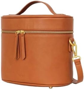 FAWN DESIGN The Train Case, Faux Leather Skin Care Brown Makeup Bag with Adjustable Messenger Strap, Travel Toiletry Bag 4 Elastic Band Holders, 5 Interior Pockets and 1 Zipper Pocket, 10x6x8 inches