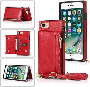 UEEBAI Case for iPhone SE 2022 5G/iPhone 7/iPhone 8/iPhone SE 2020, PU Leather Zipper Wallet Case with Card Holder Slots Crossbody Wrist Strap Kickstand Flip Case Cover for iPhone SE3/SE2 - Red