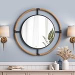 Barnyard Designs 32 Inch Round Nautical Coastal Wall Mirror, Metal/Rope Framed Rustic Farmhouse Bathroom Beach Decor, Black/Natural