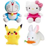 Future Shop Pack of 4 Elegant Soft Toys - Doremon, Hello Kitty, Pikacahu, Rabbit for Kids| Plush Toy Set for Play and Collection