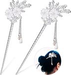 2 Pieces Rhinestone Pearl Flower Hair Stick Vintage Chinese Hair Chopsticks Vintage Tassel Hair Pin Chignon Pin Chopsticks Hair Styling Hair Making Accessories for Women (Silver)