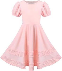 Sunny Fashion Girls Dress Pink Solid A-line Vintage Puff Sleeve Spring Summer Size 7 Years