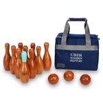 Uber Games - Wooden Skittles Set - 10 Pin - 23cm Hardwood Skittles - 3 Hardwood Balls - Canvas Bag Included