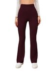 Bhochi Western Trousers Pants for Women | Stretchable Yoga Pants | Boot Cut Ribbed Trouser| Bell Bottom Trousers for Women Maroon