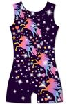 uideazone Gymnastics Outfit for Girls Quick Dry Sleeveless Biketards Unitards Unicorn Print Sparkly Leotards with Shorts Kids One-Piece Dancewear Size 7 8