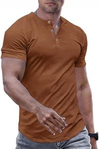 JMIERR Mens Muscle Slim Fit Button Henley Shirts Summer Crewneck Short Sleeve Longline Fitted T-Shirt Gym Workout Athletic Tees Shirt, 5XL, Brown2