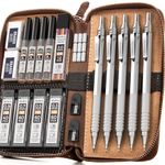 Nicpro 20PCS Metal Mechanical Pencil Set in Leather Case, 0.3, 0.5, 0.7, 0.9 mm & 2mm Lead Pencil Holders, 9 Tube (4B 2B HB 2H) Lead Refills(Black & Colors), Erasers For Art Drafting Sketching Drawing