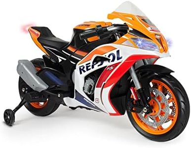 INJUSA - Moto Électrique Repsol, Batterie 12V, Enfants 3 à 6 Ans, Lumières LED, Entrée Mp3 et MicroSD, Poignée Accélérateur, 6 km/h, Roues Stabilisatrices, Couleur Orange